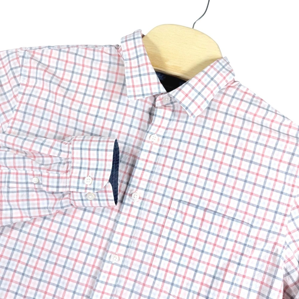 Banana Republic Button Down Mens XL Red Blue Plaid Organic Cotton Untucked Fit